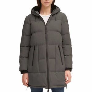 Women’s DKNY Gray Hooded Puffer Coat Thumbhole Cuffs Size XL Ski Winter Cozy